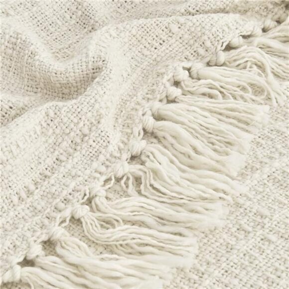 Cozy Chunky Cream Knit Throw Blanket with Textured Basket Weave Pattern Fringe - Picture 7 of 8
